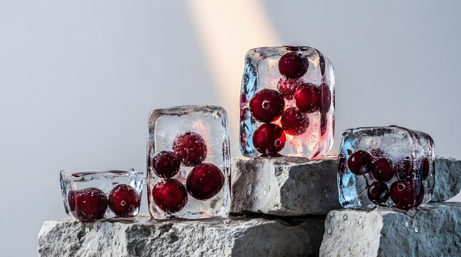 Fresh red cranberries frozen inside clear ice cubes on rough stone surface
