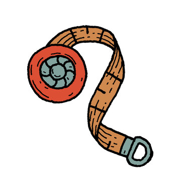 Hand-drawn icon illustration of vintage sewing tape measure with metal tab in ornate red case, isolated on transparent background for tailor shop, size guide, mobile app, craft UI and game inventory.