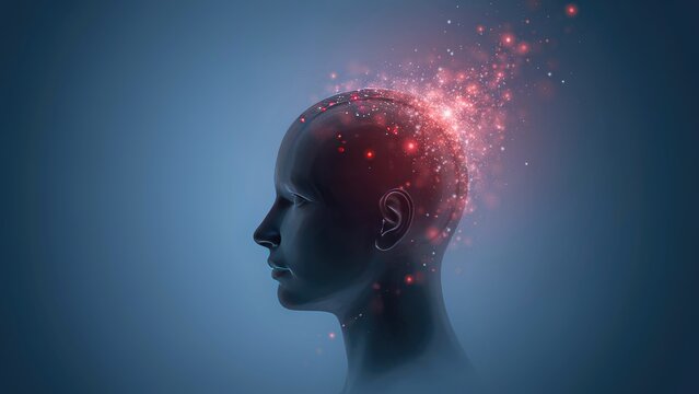 Profile view of a human head silhouette with glowing red neural sparks and digital particles dispersing from the brain area, blue background