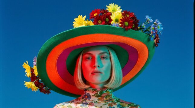 Woman with a large, colorful hat adorned with vibrant flowers, showcasing bold fashion against a bright blue background with striking red and blue lighting, concept of bold fashion and artistic expres