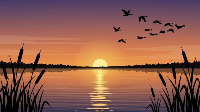 Sunset over a tranquil lake with silhouetted cattails and flying birds, creating a serene natural landscape, concept of tranquility and natural beauty