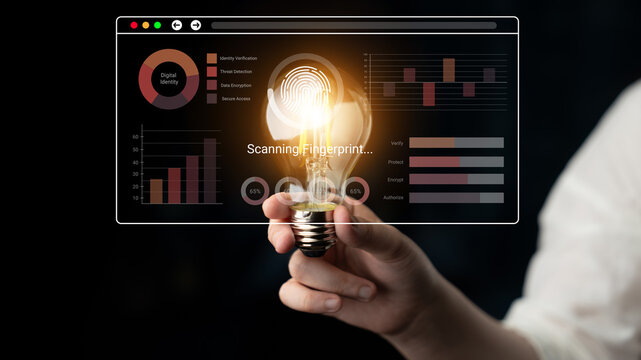 A hand holds a glowing light bulb against a digital interface featuring a scanning fingerprint and dynamic data visualizations, symbolizing innovative technology and creativity. Nascent