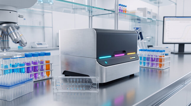 high-end image of digital droplet PCR laboratory workstation, precision cartridge containing microscopic aqueous droplets, transparent reagent tubes and pipette tips, molecular diagnostics environment