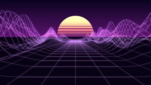 Retro synthwave grid landscape loop, neon wireframe mountains and sunset sun, 80s retrowave flying over digital terrain, vaporwave purple background