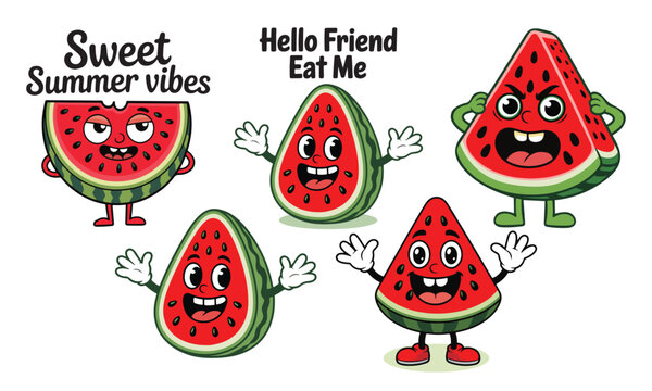 Cartoon watermelon slices with faces and limbs are arranged on a white background citrullus fruit