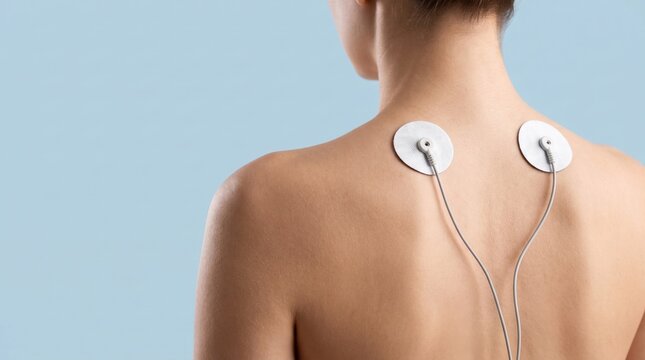 Woman's back with TENS electrode pads on shoulders connected by wires, representing physiotherapy, pain relief treatment and muscle recovery concept