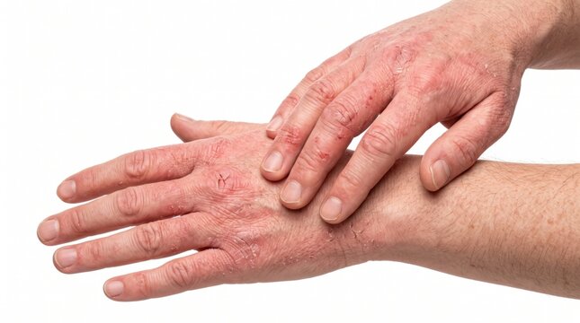 Close-up of male hands with red irritated skin. Eczema, atopic dermatitis, peeling and scratches from cold weather allergy, representing winter skin conditions and dermatology treatment concept
