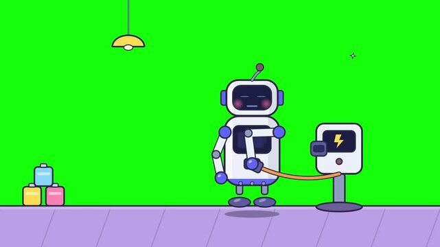 Cute cartoon robot connects power cable to recharge battery against green background