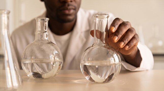 Chemistry: Black researcher inspecting a clear liquid sample during a laboratory experiment