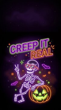 Neon cartoon skeleton with sunglasses and glowing pumpkin with Creep It Real text on black