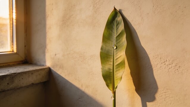 Catching warm sunlight, single tall green plant leaf showing droplets at window corner, with shadow