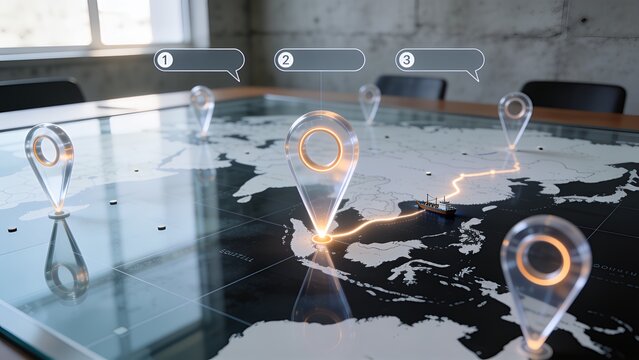 Showing glowing pin anchoring over Southeast Asia on glass map, revealing lit route and cargo ship