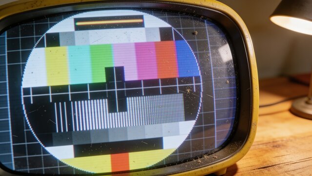 Displaying vintage yellow CRT TV showing circular color test pattern on wooden tabletop, with lamp
