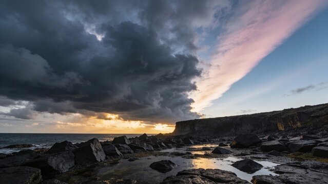 Sweeping storm bank moving across rocky shoreline at low tide, with tidal pools, steep cliff