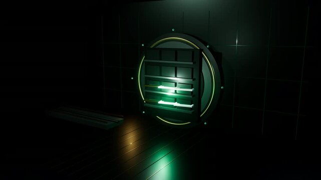 Futuristic bank vault door scanning with green light in dark room high security safe mechanism for heist and cybersecurity concept