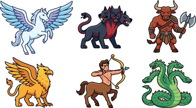 Greek mythology creature vector set featuring cartoon pegasus cerberus minotaur griffin centaur and hydra monster characters isolated on white
