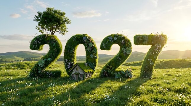 Ecofriendly 2027 year numbers with a small stone house and lush green landscape