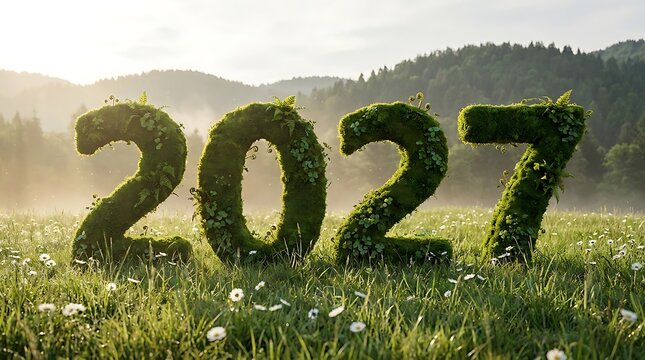 Natural numbers 2027 made of moss on a green meadow in the morning mist