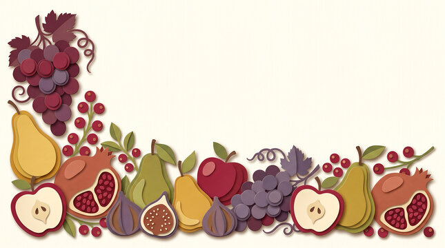 Vintage fruit border illustration, autumn harvest frame with grapes and pomegranates, decorative organic food background for menu design