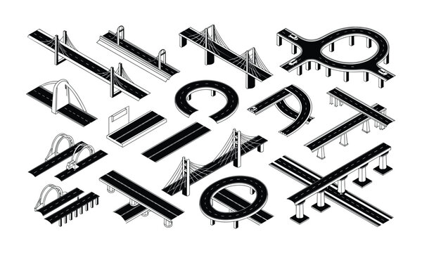 Set of isometric road bridge and highway elements featuring various bridge designs and interchange road junctions isolated on white background