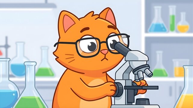 Cute orange cat character with glasses focusing on scientific research using microscope
