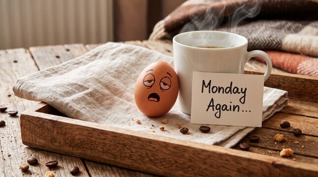 Tired egg with a sleepy face expression next to a cup of hot coffee and a note saying monday again on a wooden tray