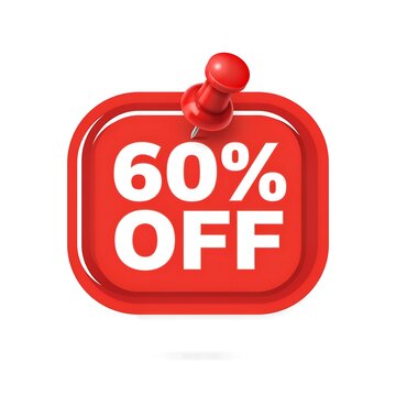 Red square discount label with sixty percent off text pinned with a red pushpin on a white background