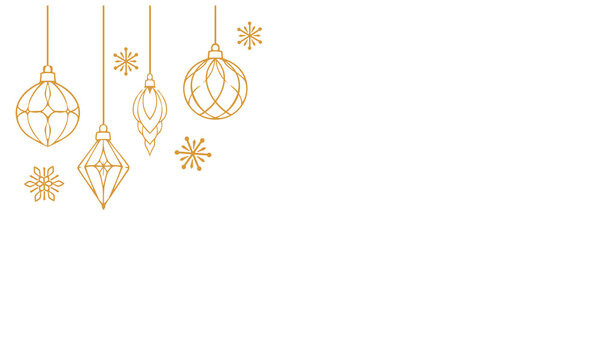 Elegant Christmas hanging ornament border featuring four golden line art baubles with geometric diamond, teardrop and curved patterns, delicate snowflakes and large white copy space background.