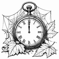 Vintage pocket watch striking midnight at twelve with spider webs and autumn leaves, gothic Halloween clock monochrome vector illustration isolated on white background © Sumaya