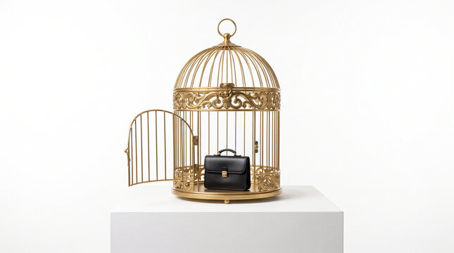 Golden cage sits atop white pedestal. Black briefcase rests inside open cage. Birdcage door hangs ajar, inviting or confining. Minimalist white background highlights subject. Symbolizes confinement
