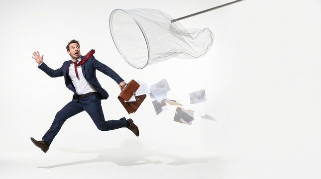 Businessman leaps away from flying papers and a net. His face shows panic and urgency. He carries a briefcase, chasing chaos. Net implies capture or rejection. White background highlights motion