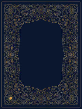 Elegant golden ornamental frame on dark blue background