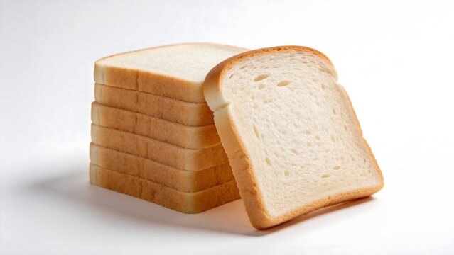 Stack of Sliced White Bread with One Slice Leaning on White Background