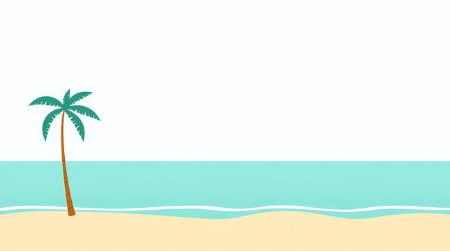 A simple cartoon illustration of a tropical beach with a single palm tree and turquoise ocean waves.