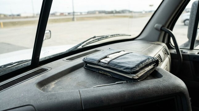 Truck registration folder on a dashboard, vehicle documents and fleet compliance concept