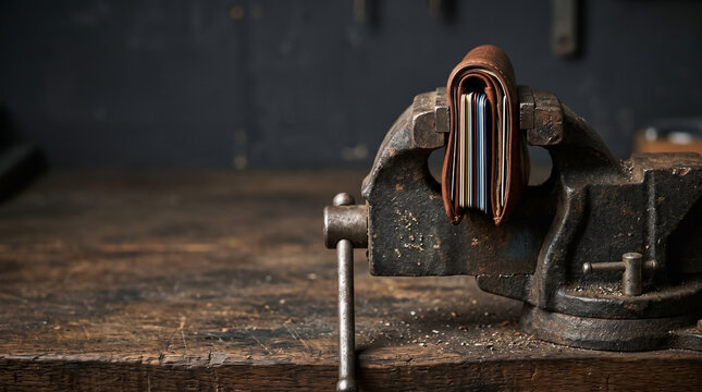 Wallet pressed tight in heavy metal vise. Workbench shows aged wood and industrial grit. Dark background emphasizes texture and tension. Image conveys effort, craftsmanship, or constraint