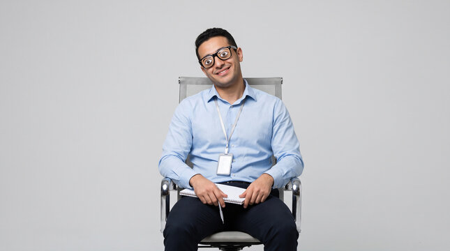 Man smiles warmly while seated in office chair. He wears glasses and light blue shirt. His hands rest on notebook in lap. Neutral background highlights his cheerful expression