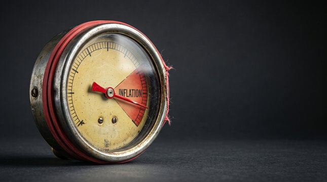 Vintage pressure gauge shows inflation. Red needle points to rising values. Worn dial and casing hint at age. Dark background emphasizes the meter. Symbolic of economic growth or decline