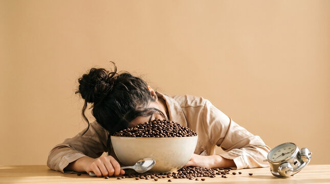 Woman rests head in coffee beans, eyes closed. Hands clutch spoon, scattered beans around. Alarm clock nearby, suggesting tiredness. Soft beige background enhances calm mood