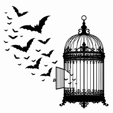 Open vintage birdcage with swarm of bats flying out, antique gothic cage Halloween silhouette vector illustration isolated on white background