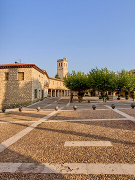 Main Square of Torija with a view of the Bell Tower of the Church. La Alcarria,  Province of Guadalajara, Castilla La Mancha, Spain, Europe