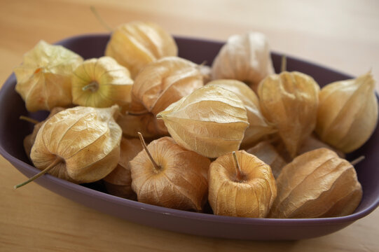 Physalis fruits with papery husks in a bowl on wooden table with warm natural light