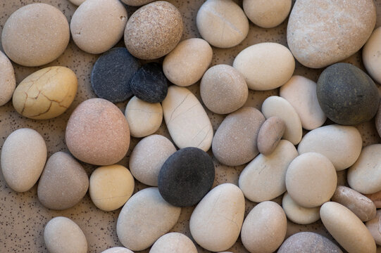 White, grey and black smooth river pebbles stones background, simplicity still life in daylight