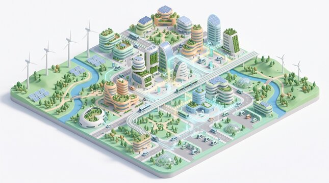 Sustainable smart city concept with electric cars and wind turbines