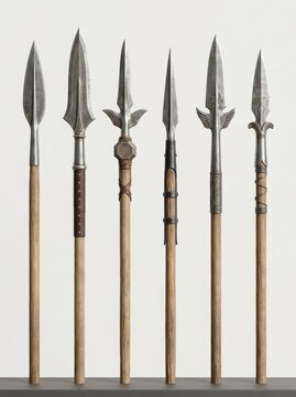 Collection of Six Medieval Fantasy Spears and Polearms with Ornate Metal Heads and Wooden Shafts