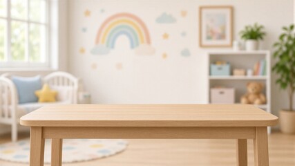 Fototapeta premium Wooden table top with rainbow mural in children's nursery