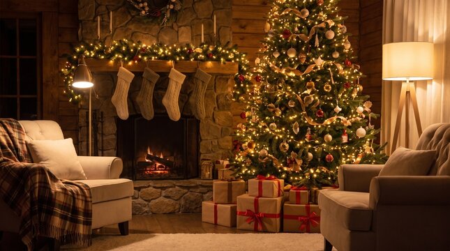 Cozy Christmas living room with decorated tree, fireplace and presents