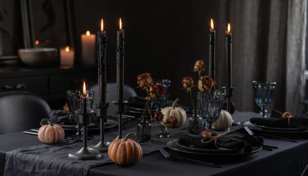 Mysterious Halloween Table Setting: A dimly lit dining table set for a spooky Halloween feast, adorned with black candles, miniature pumpkins, dried flowers, and dark tableware.