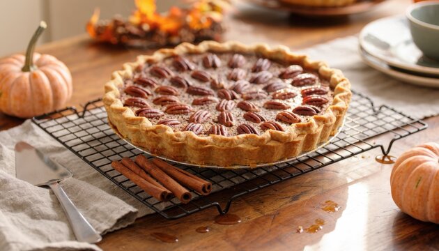 Gourmet Pecan Pie with Autumnal Accents: A golden-brown, homemade pecan pie sits cooling on a wire rack, adorned with candied pecans, on a rustic wooden table.