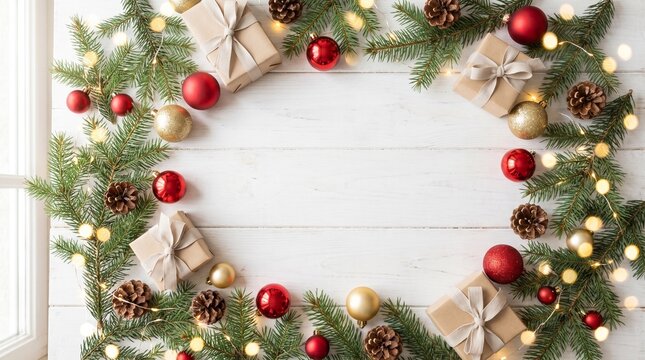 Christmas flat lay background with fir branches, red and gold baubles and gift boxes, copy space